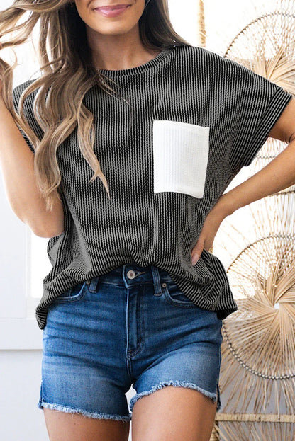 T-Shirt Femme Maille Côtelée Color Block Poche - Bleu Marine & Multicolore - Oléna-Fashion