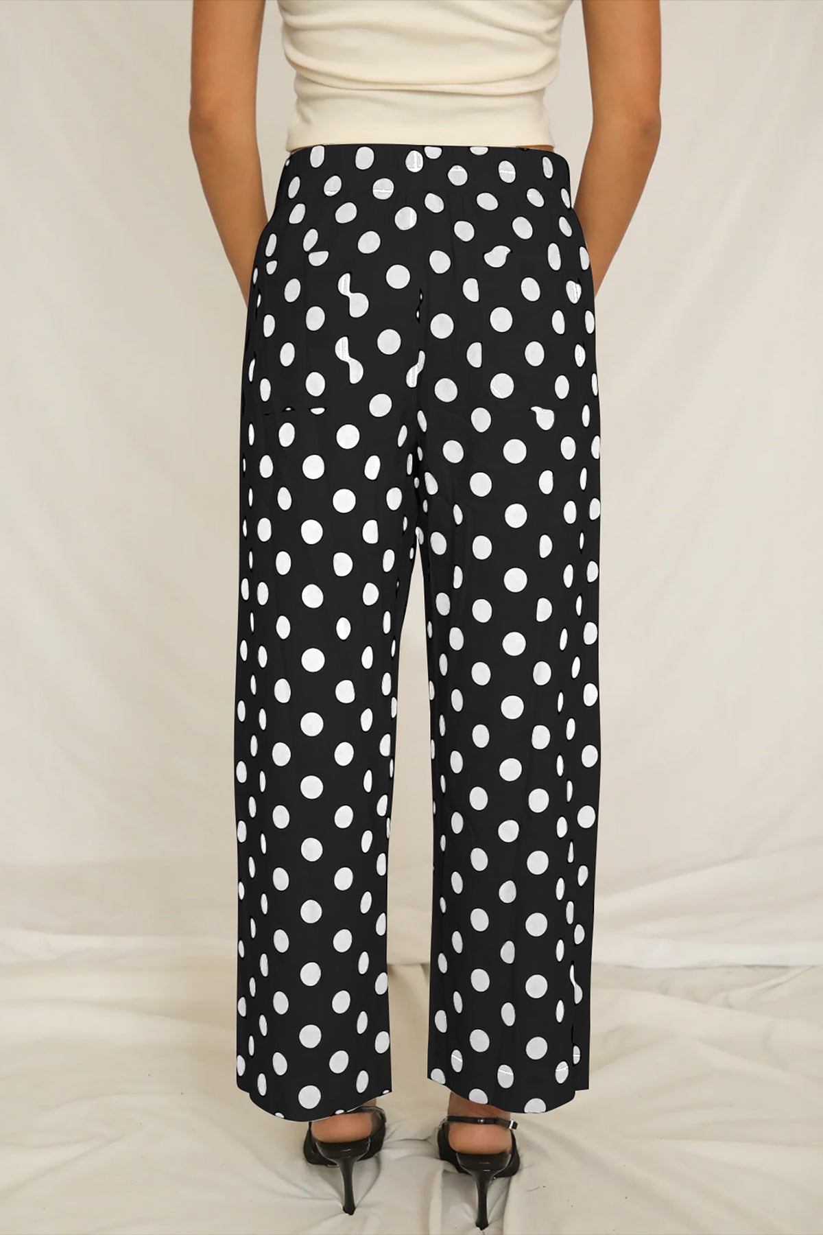 Pantalon Large à Pois Taille Mi-Haute Poches Plaquées – 4 Coloris