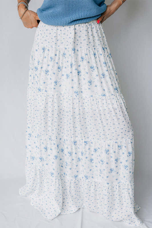 Jupe maxi blanche à imprimé floral bleu, taille élastique et fronces, coupe évasée