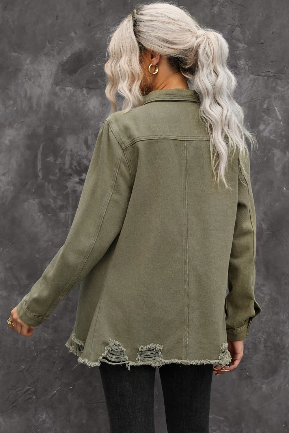 Veste Chemise en Jean Kaki Délavé à Ourlet Effiloché