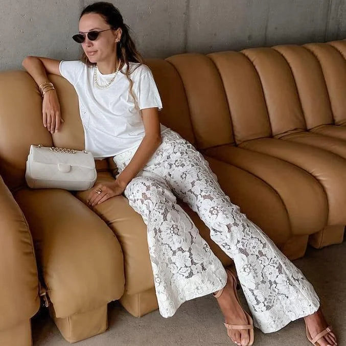 Le Pantalon Flare en Dentelle 100 % glamour White M