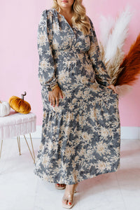 Robe maxi bleu-gris à fleurs, manches longues, coupe ample