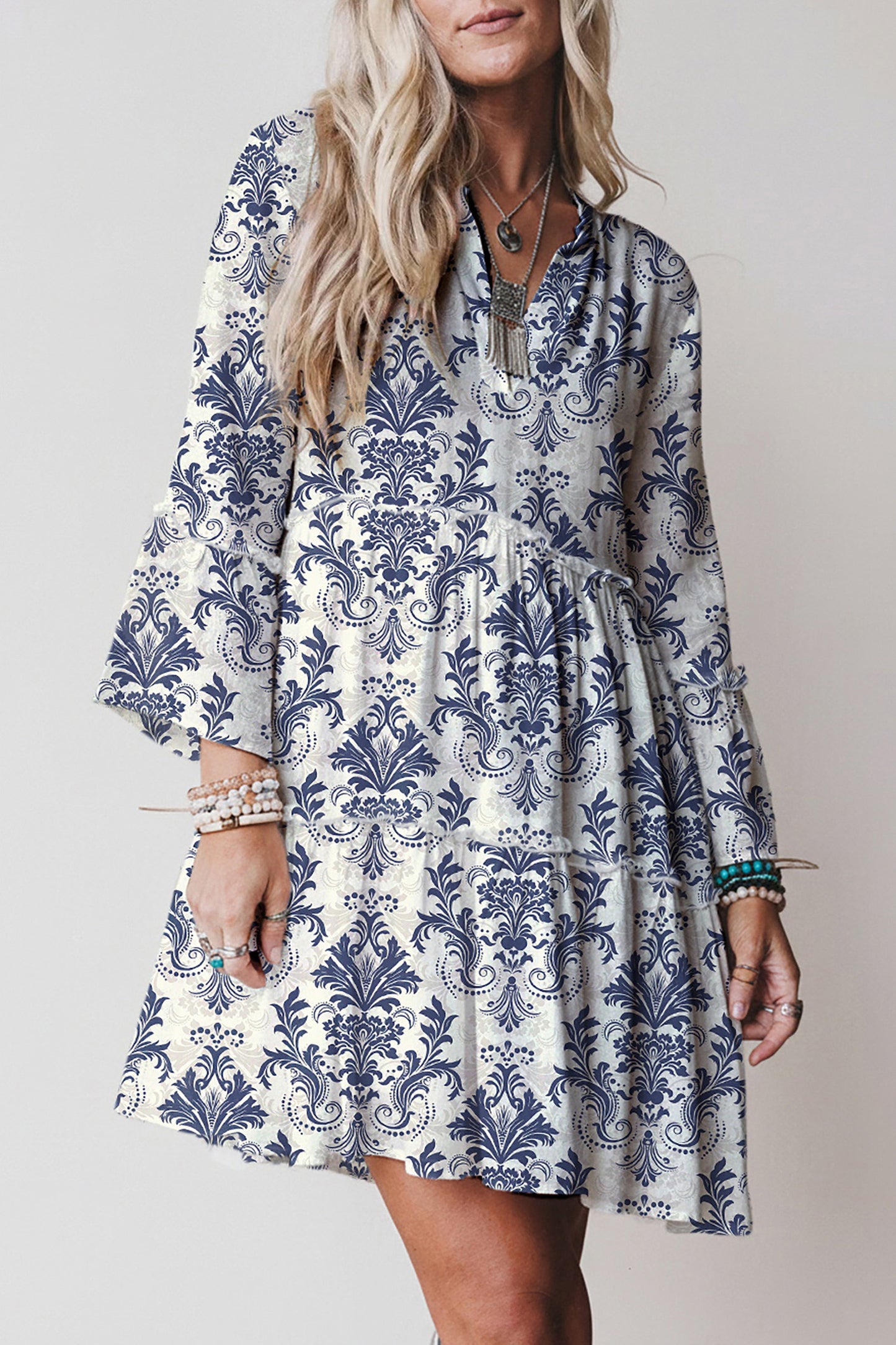 Robe Mini Florale Bohème Femme Manches 3/4 – Rouge, Bleu, Bleu Ciel