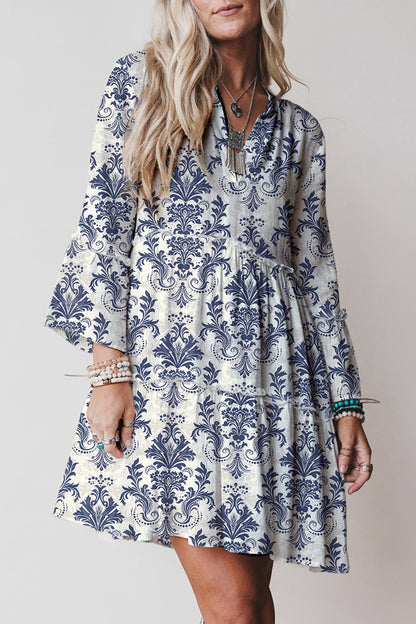 Robe Mini Florale Bohème Femme Manches 3/4 – Rouge, Bleu, Bleu Ciel