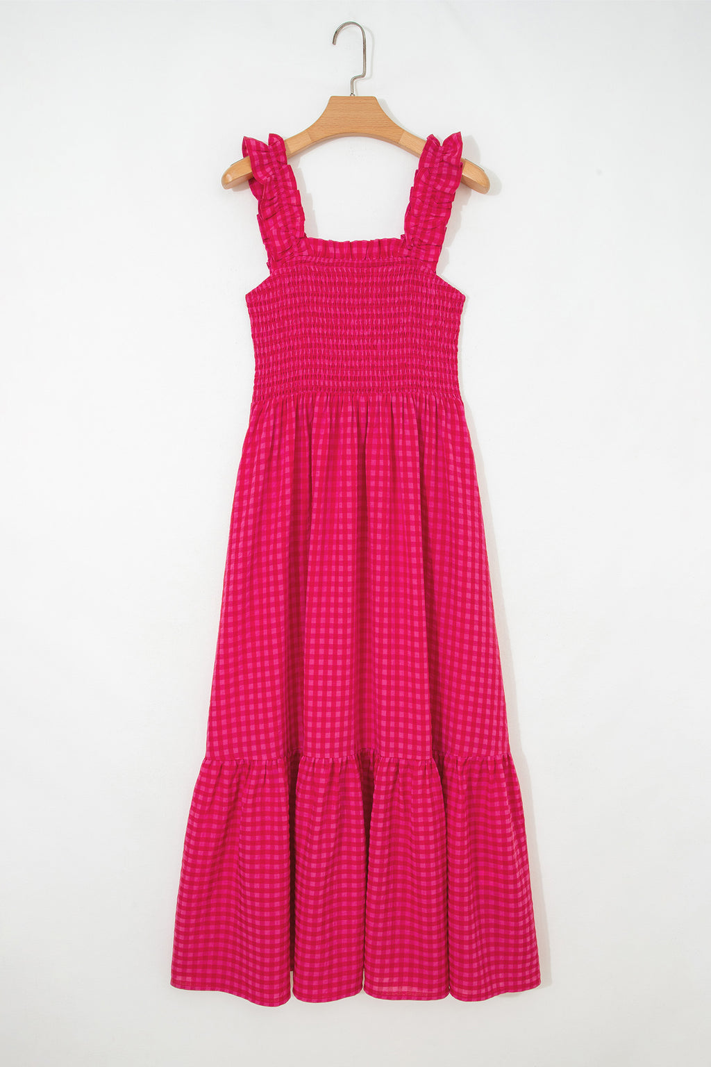 Robe longue rouge à carreaux, encolure carrée smockée, bretelles à volants, jupe ample
