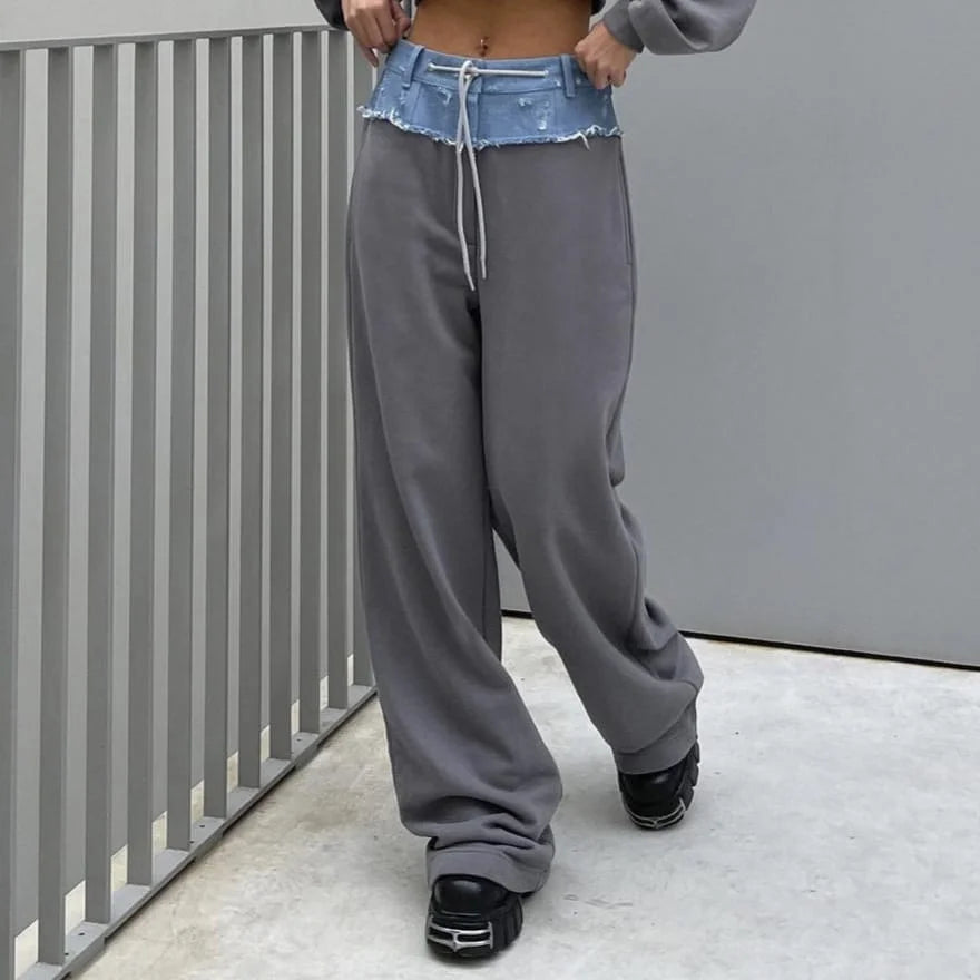 Pantalon patchwork décontracté pour femme, style streetwear, pantalon droit ample