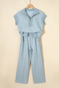 Ensemble détente femme polo zippé bleu ciel et pantalon large, vue de face