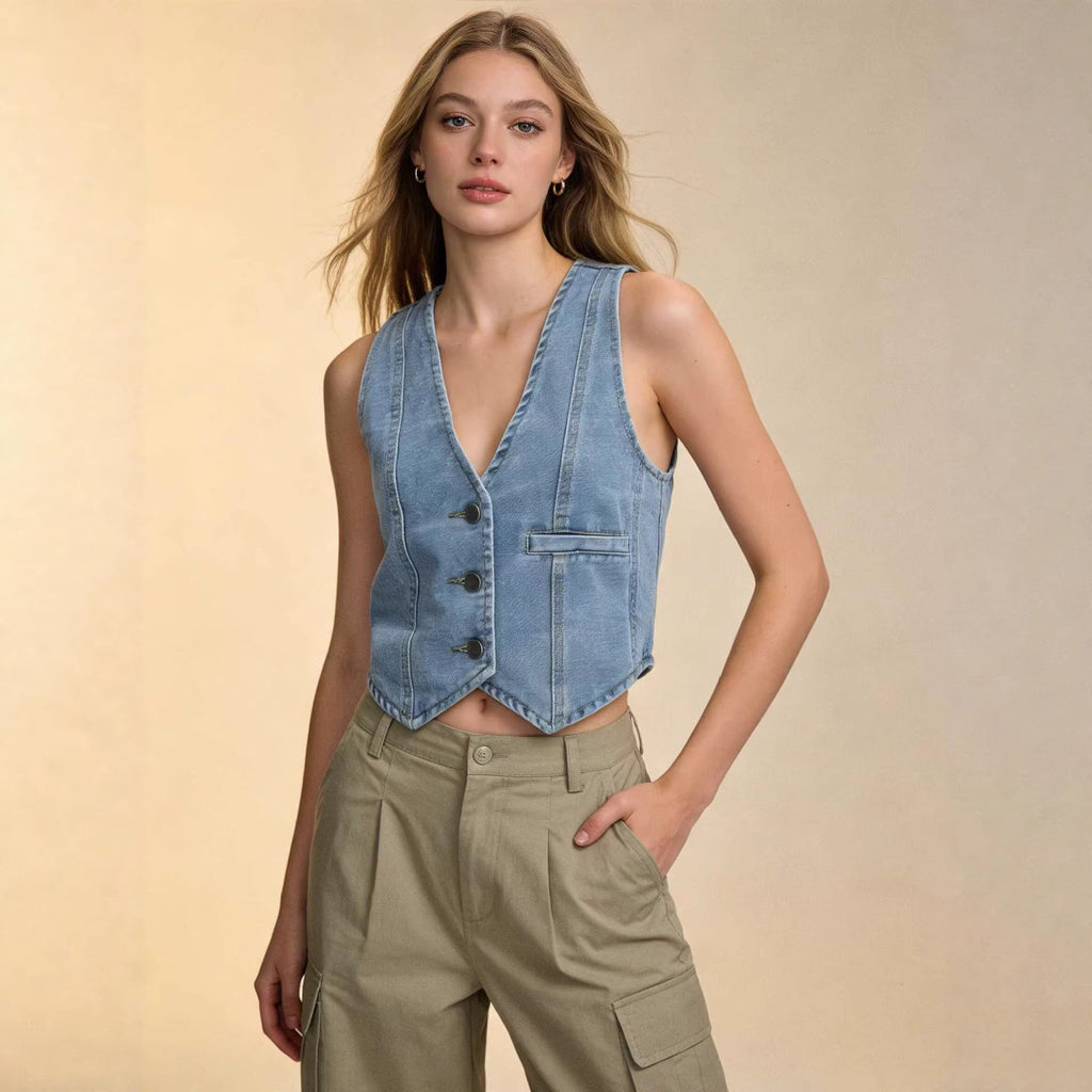 Gilet en jean bleu clair sans manches, encolure V, boutons devant et poche poitrine
