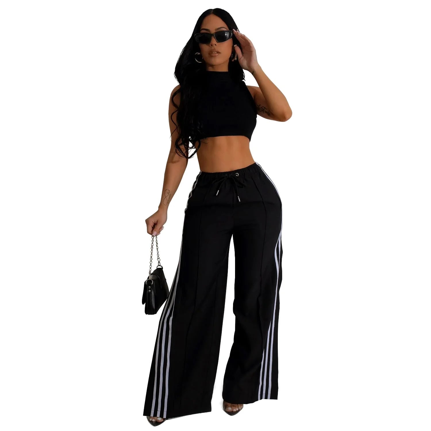 Pantalon de sport femme de couleur unie - Style Casual pattes larges -Taille S à 2XL Noir