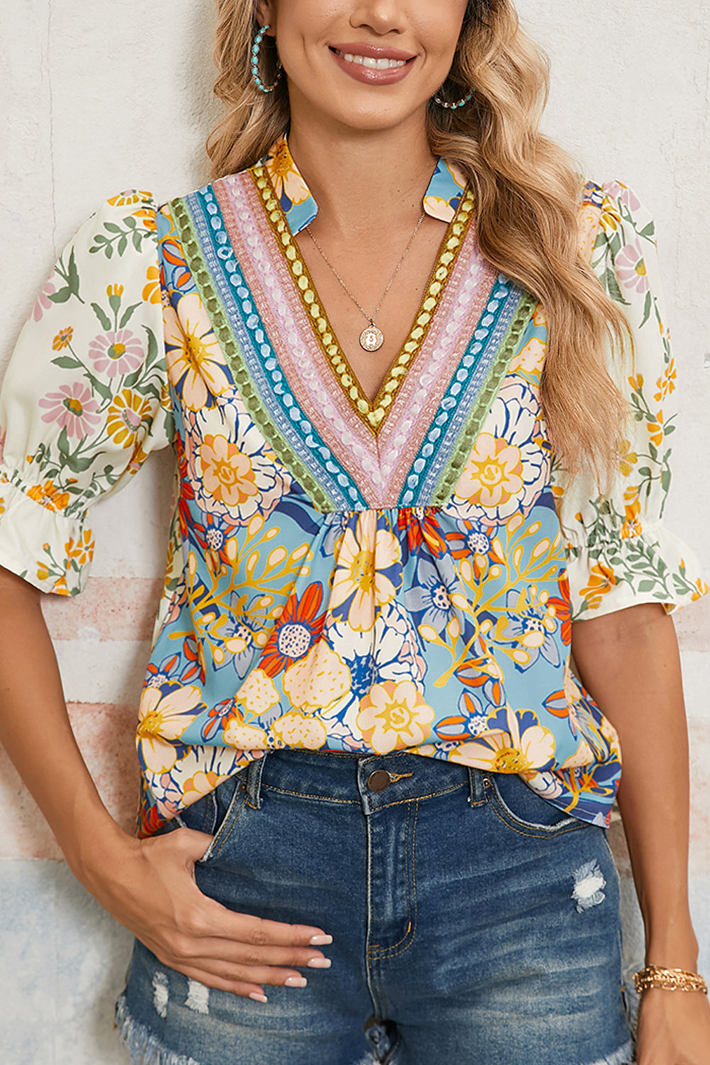 Haut Patchwork Floral Color Block Femme – Style Bohème Multicolore-vue principale