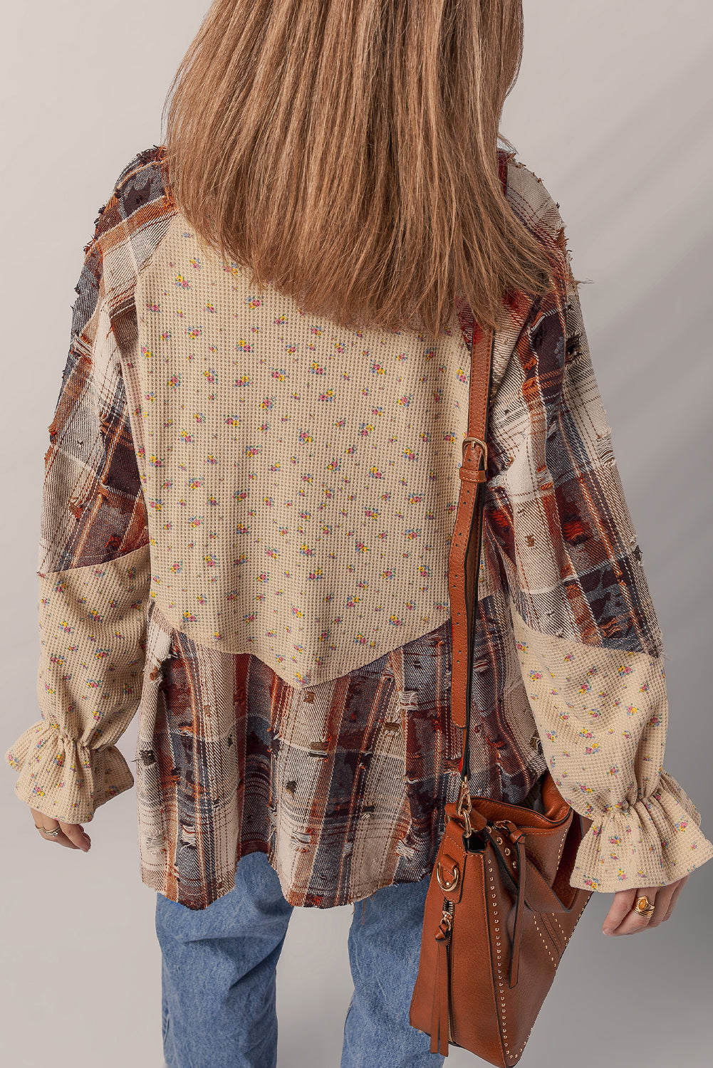 Shacket Boho Patchwork Carreaux et Fleurs à Manches Volantées