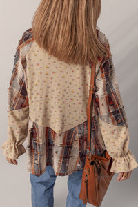 Shacket Boho Patchwork Carreaux et Fleurs à Manches Volantées
