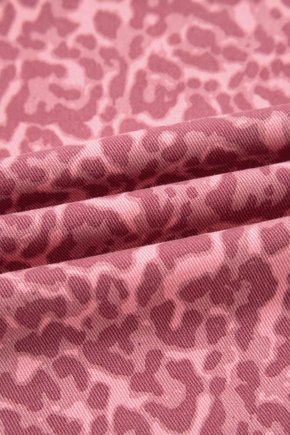 Jean Léopard Rose Jambe Large Taille Haute Bords Effilochés Femme - Oléna-Fashion