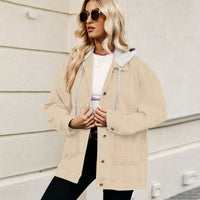 Veste beige à capuche pour femme, manches longues, fermeture boutonnée, poches