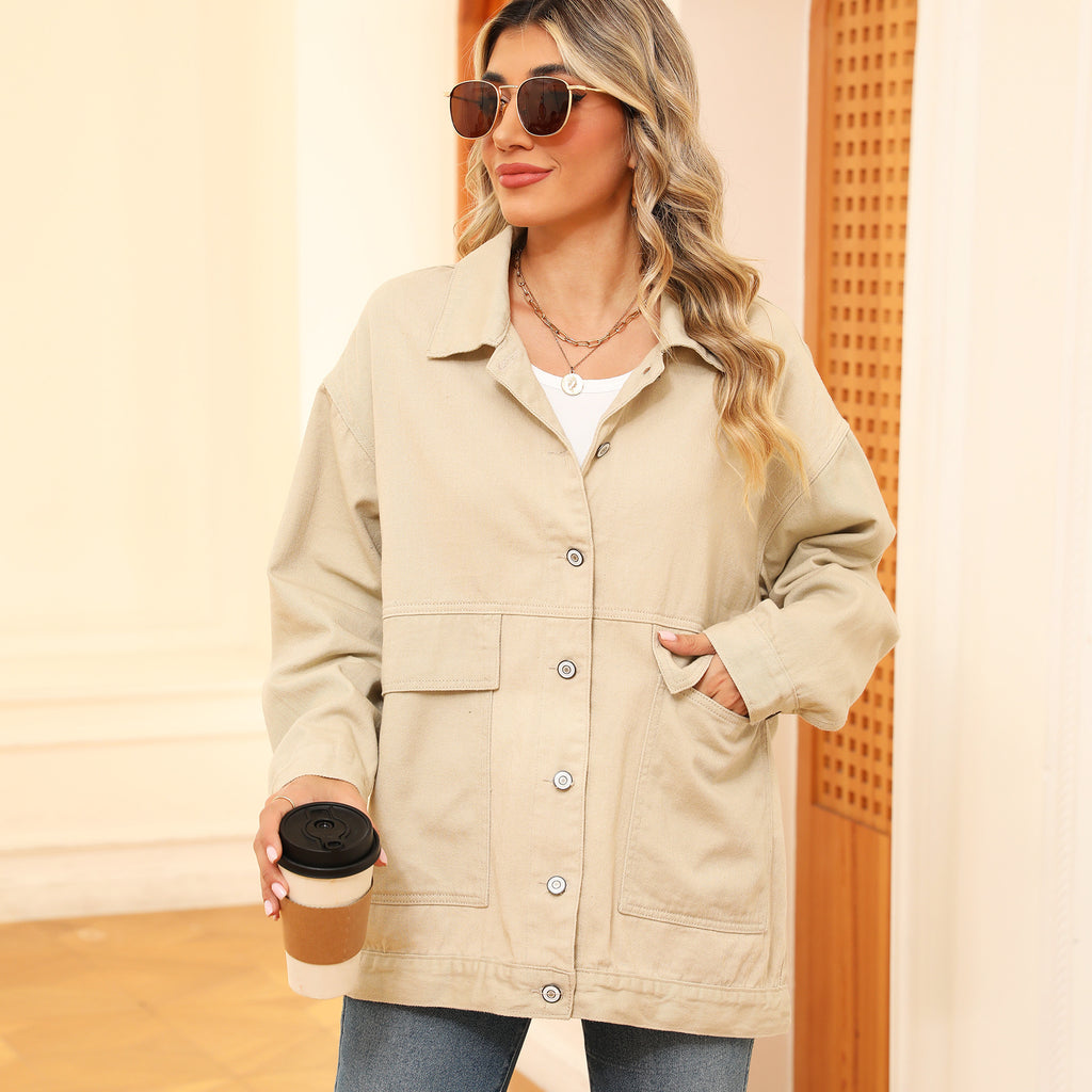 Veste beige pour femme, manches longues, fermeture boutonnée, poches plaquées