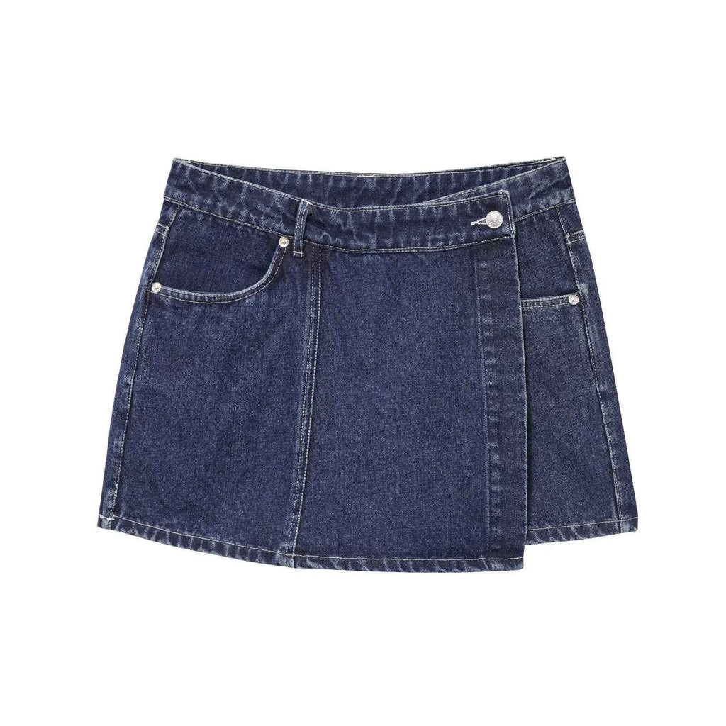 Jupe en jean bleu foncé évasée, ceinture boutonnée et surpiqûres décoratives