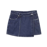 Jupe en jean bleu foncé évasée, ceinture boutonnée et surpiqûres décoratives