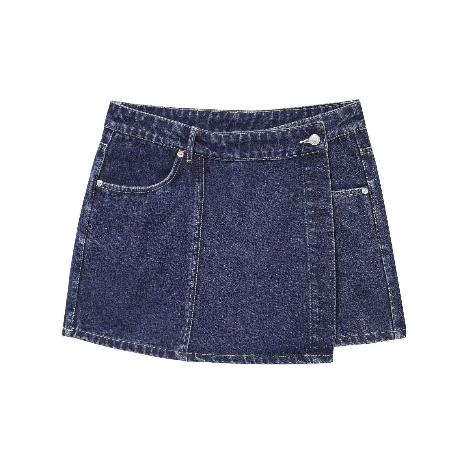 Jupe en jean bleu foncé évasée, ceinture boutonnée et surpiqûres décoratives