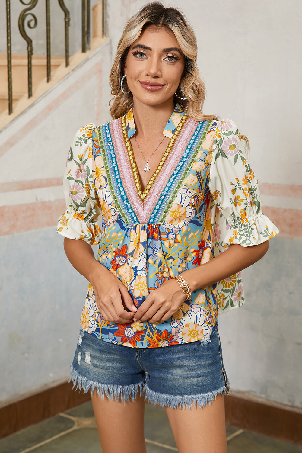 chemisier Patchwork Floral Color Block Femme – Style Bohème Multicolore vue de face