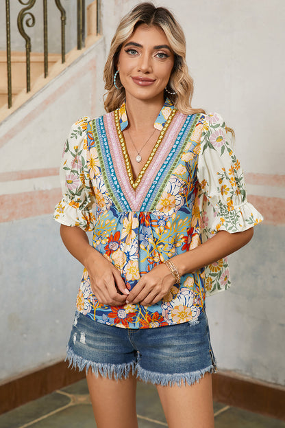 chemisier Patchwork Floral Color Block Femme – Style Bohème Multicolore vue de face