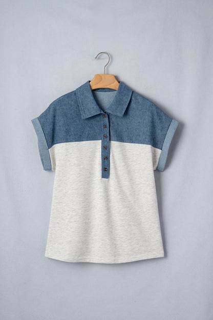 Top Polo Patchwork Denim Femme – Col Boutonné Bicolore