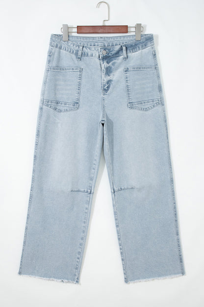 Jean Droit Femme Ourlet Effiloché Taille Haute – Beau Blue
