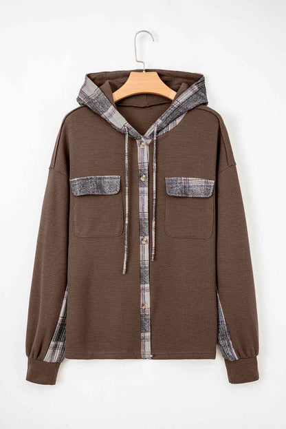 Veste Chemise Femme Capuche Patchwork – Carreaux Marron
