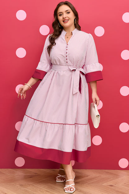 Robe maxi rayée avec ceinture nouée, volants en bas, manches trois-quarts
