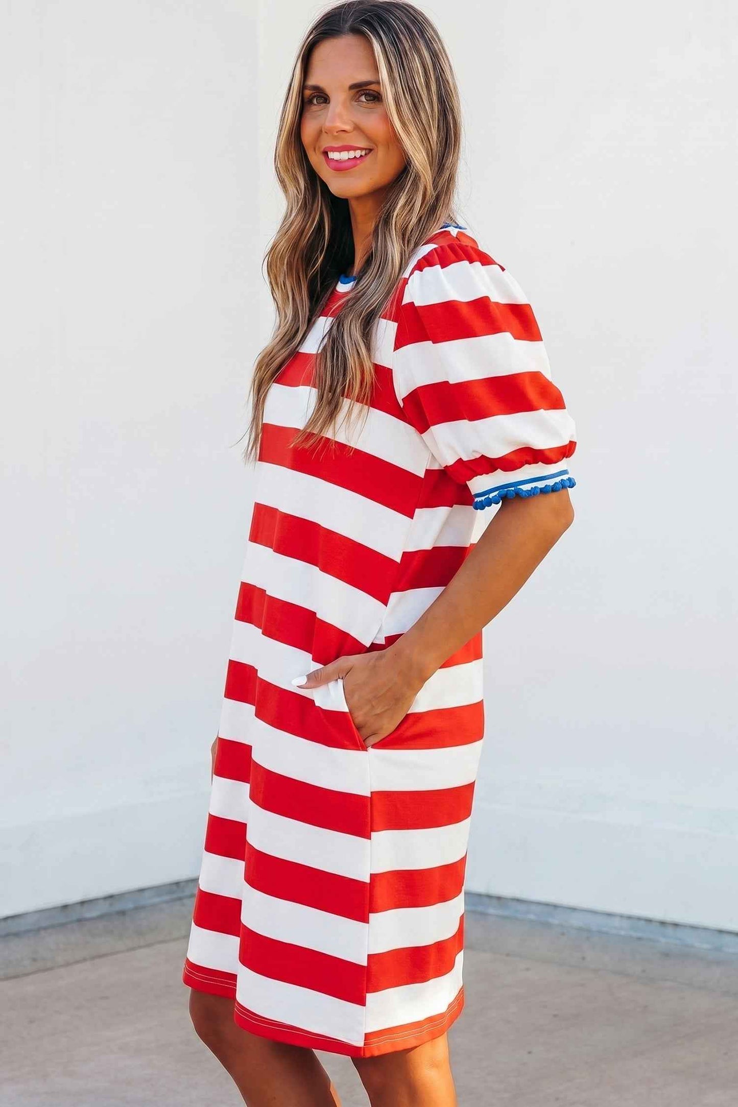 Robe Mini Rayures Rouges Manches Bouffantes Femme