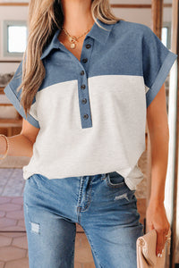 Polo en denim bicolore pour femme, col boutonné, empiècement bleu et blanc sur le devant