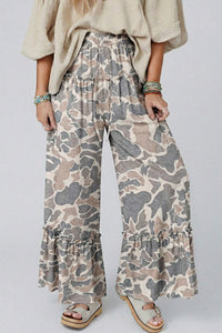Pantalon ample camouflage gris et beige, taille élastique avec cordon, bas volanté