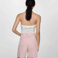 Short en jean taille haute rose à rayures fines, taille froncée, fermeture boutonnée