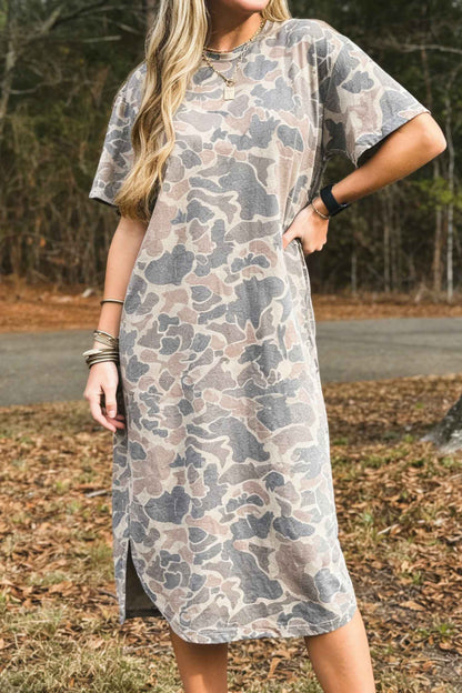Robe décontractée imprimé camouflage femme – Manches courtes, fente latérale