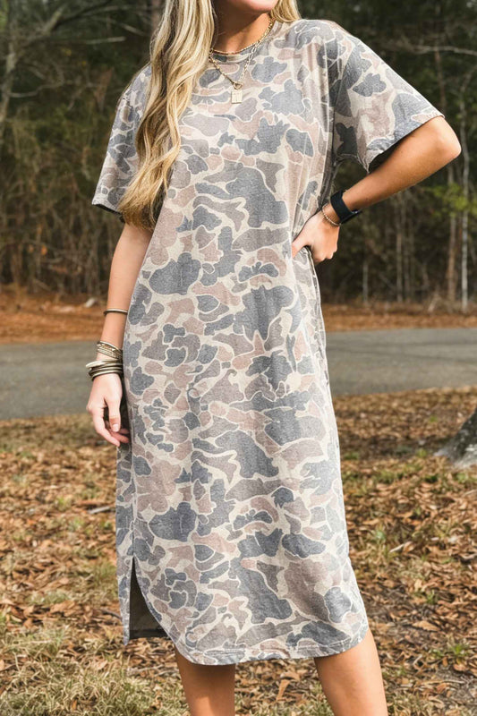 Robe décontractée imprimé camouflage femme – Manches courtes, fente latérale