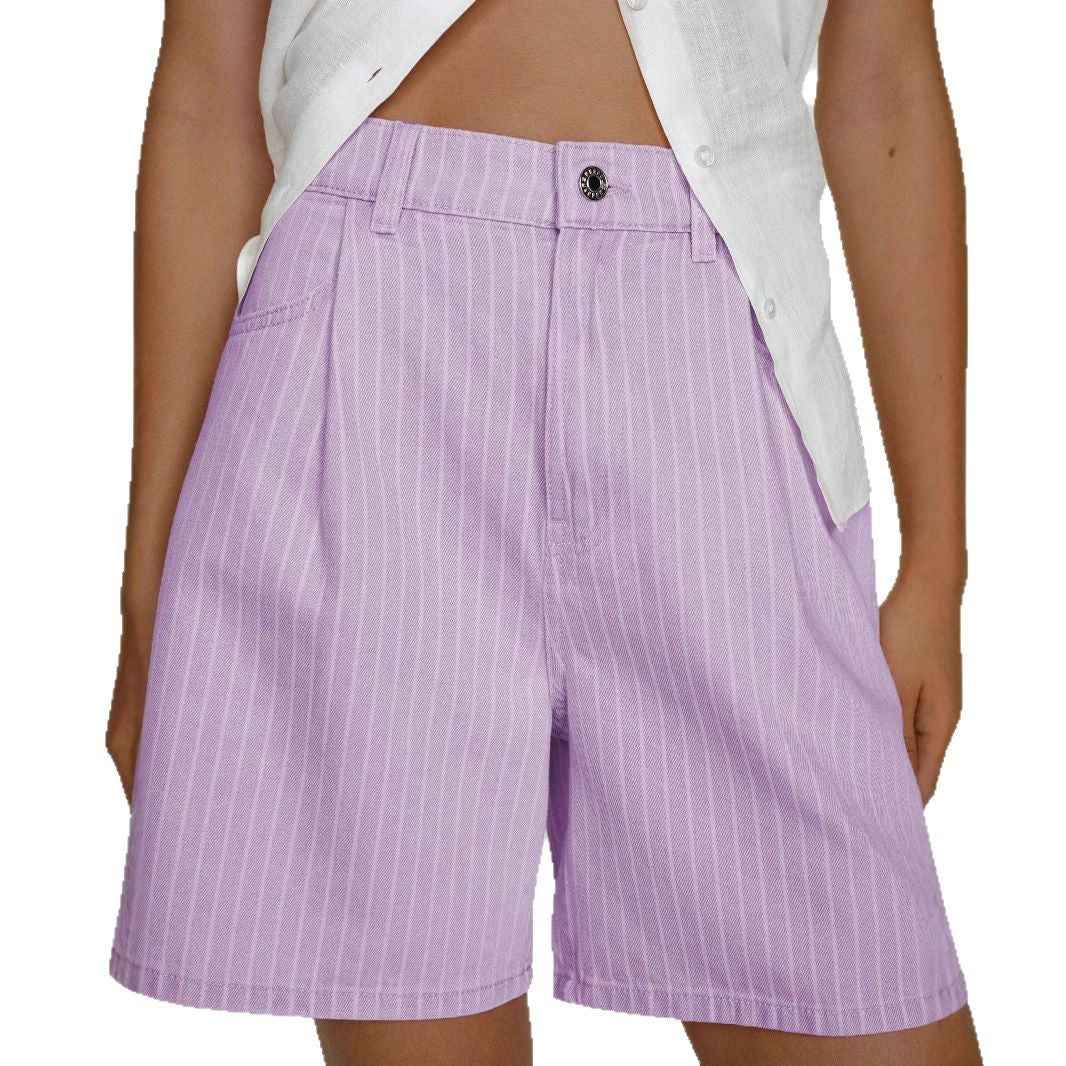Short en jean taille haute lavande à rayures fines, fermeture boutonnée, passants