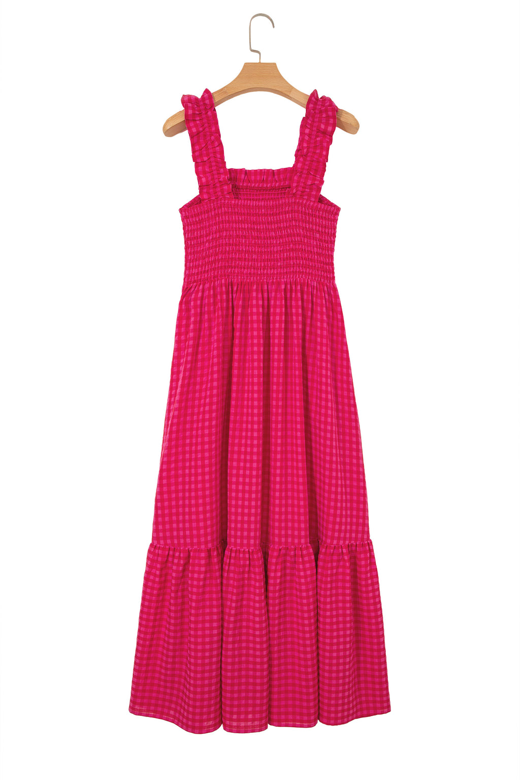 Robe longue femme à bretelles, col carré, corsage smocké et jupe évasée