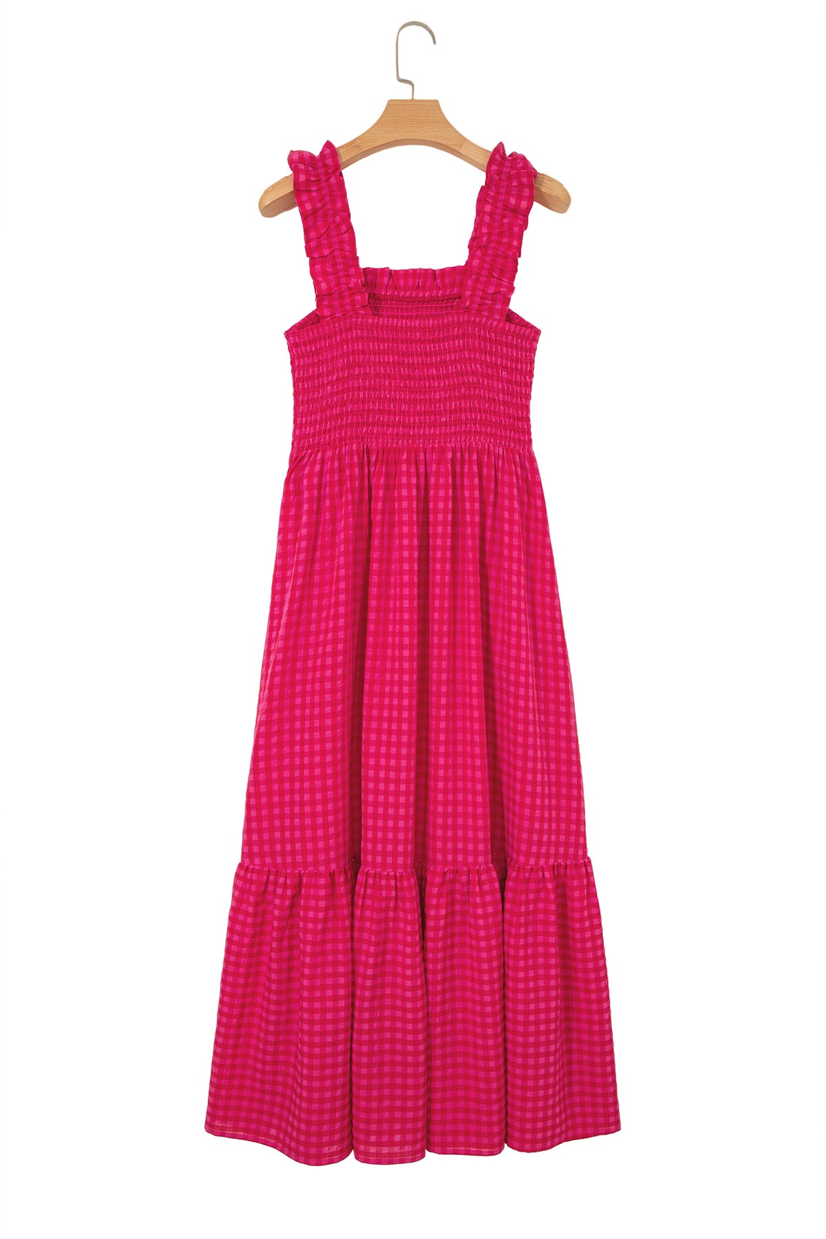 Robe longue femme à bretelles, col carré, corsage smocké et jupe évasée