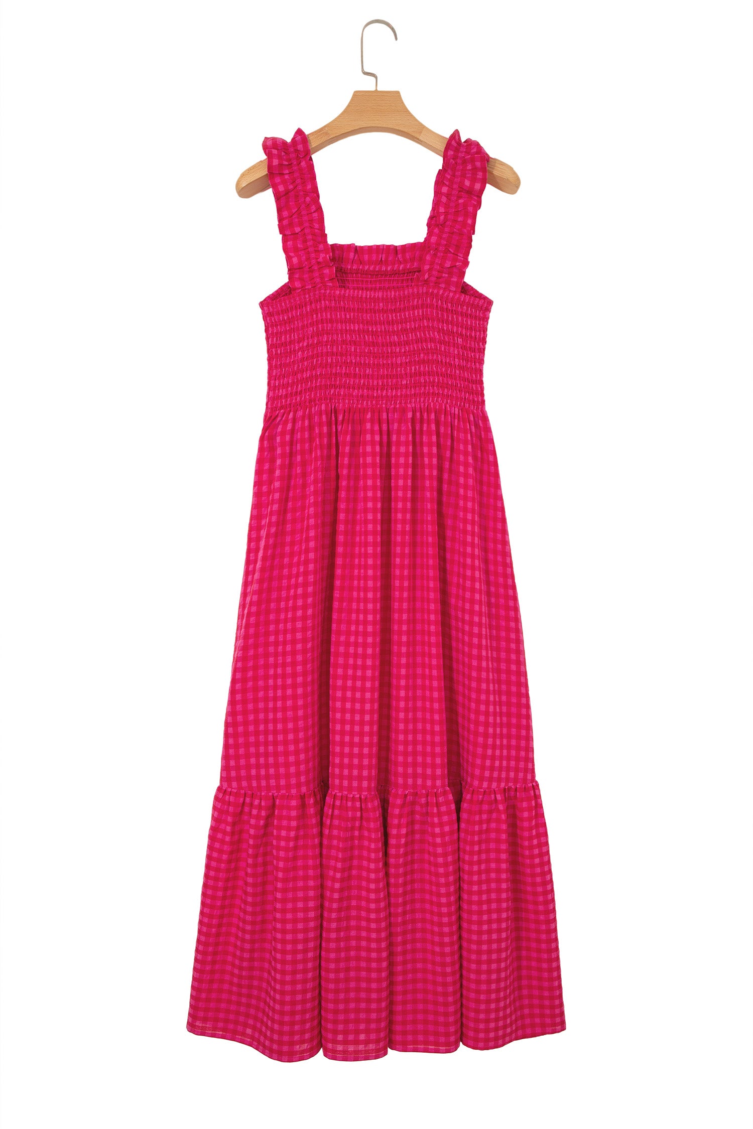 Robe longue femme à bretelles, col carré, corsage smocké et jupe évasée