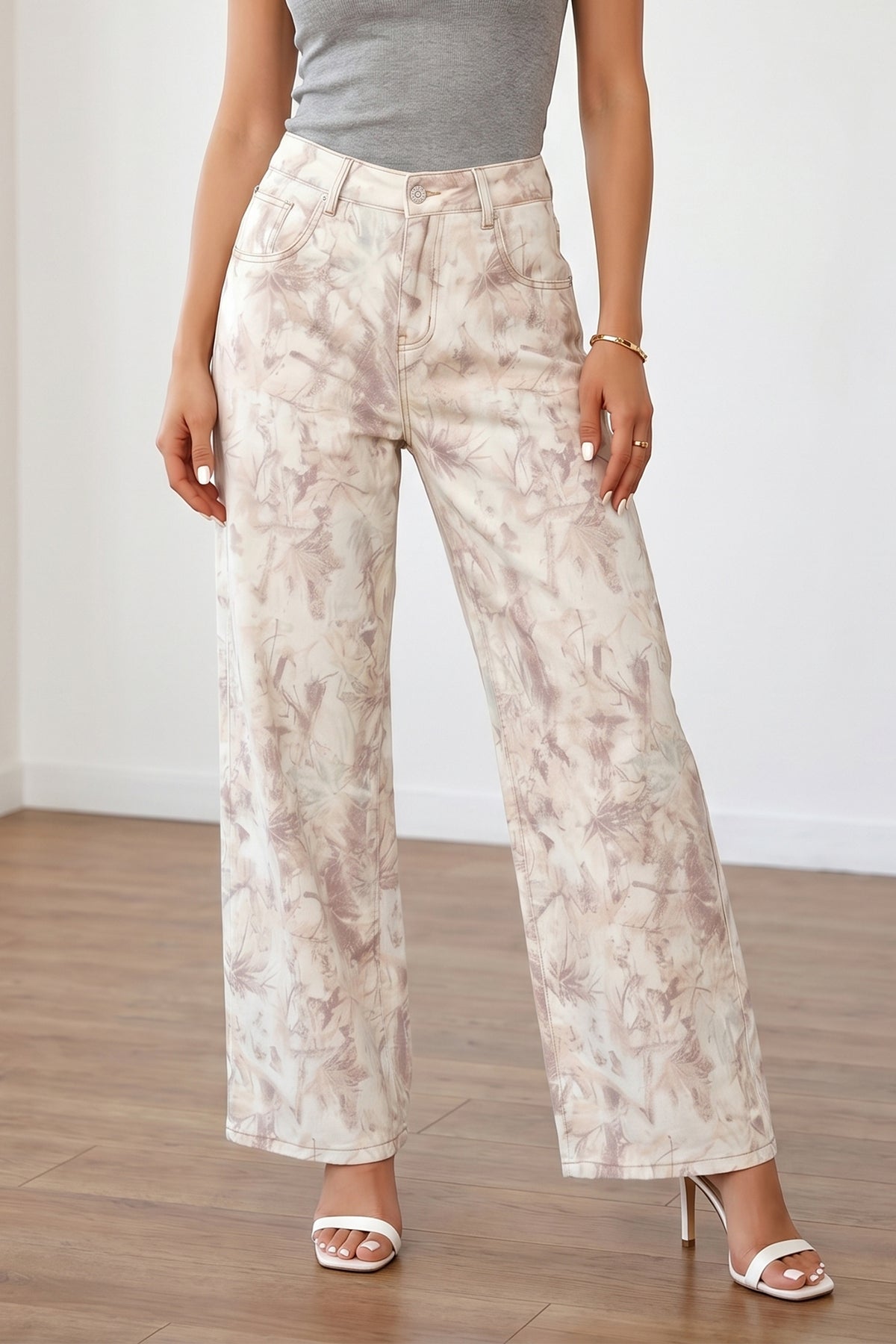 Pantalon en jean femme ample camouflage beige clair, taille élastiquée et poches