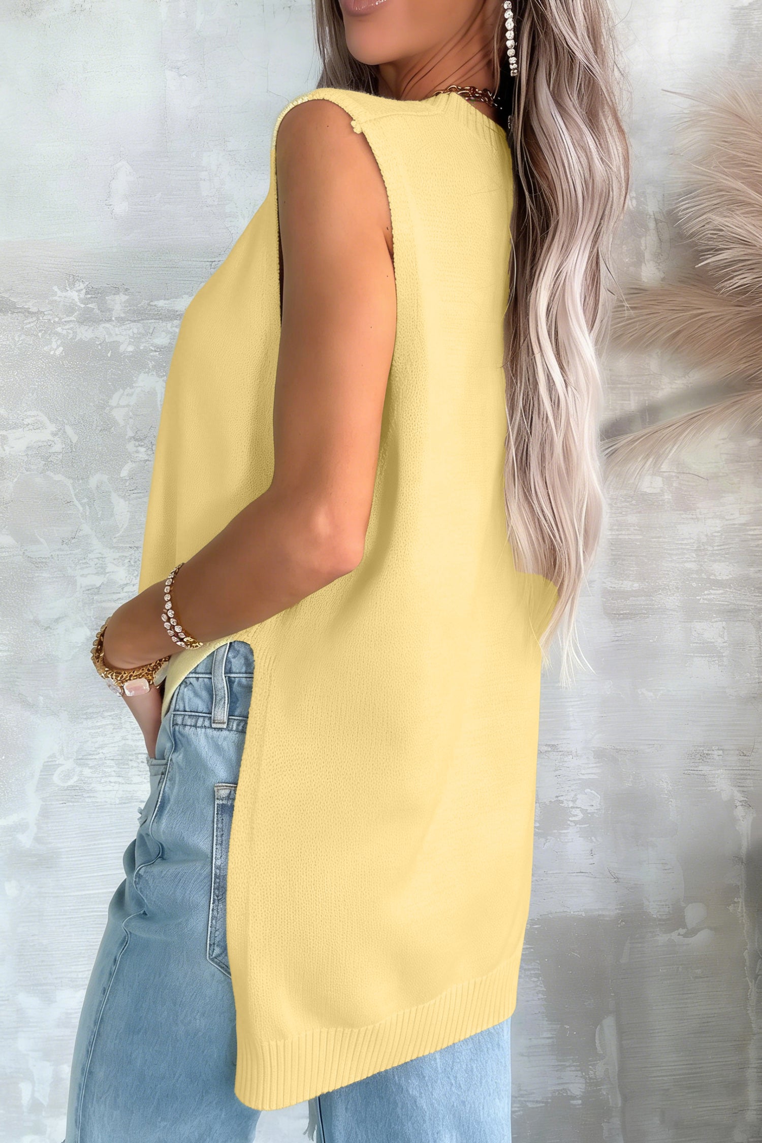 Haut Sans Manches Maille Jaune Femme – Élégant