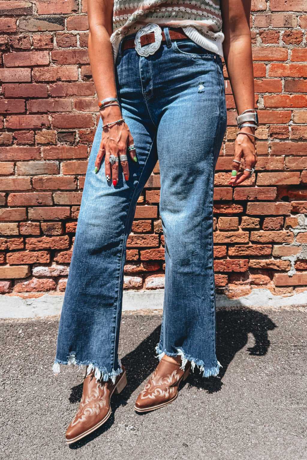 Jean Flare Taille Haute Bleu Moyen à Ourlet Effiloché