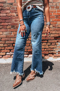 Jean Flare Taille Haute Bleu Moyen à Ourlet Effiloché