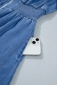 Robe Midi en Jean Bleu Col V Zipée à Taille Smockée
