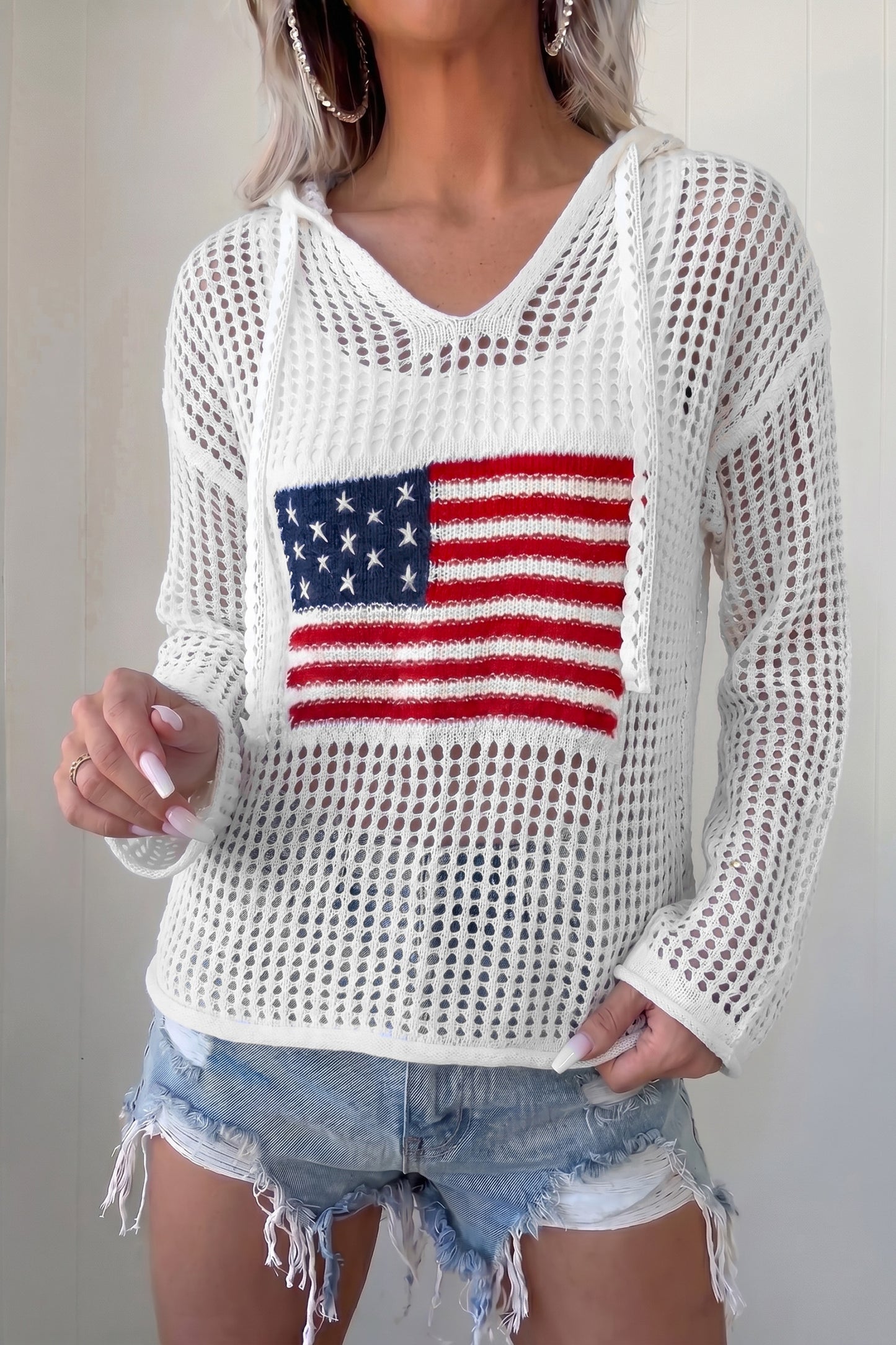 Pull Élégant en Crochet avec Drapeau Américain