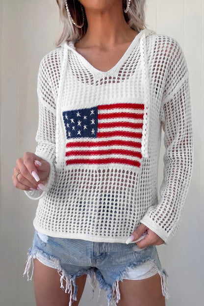 Pull Élégant en Crochet avec Drapeau Américain
