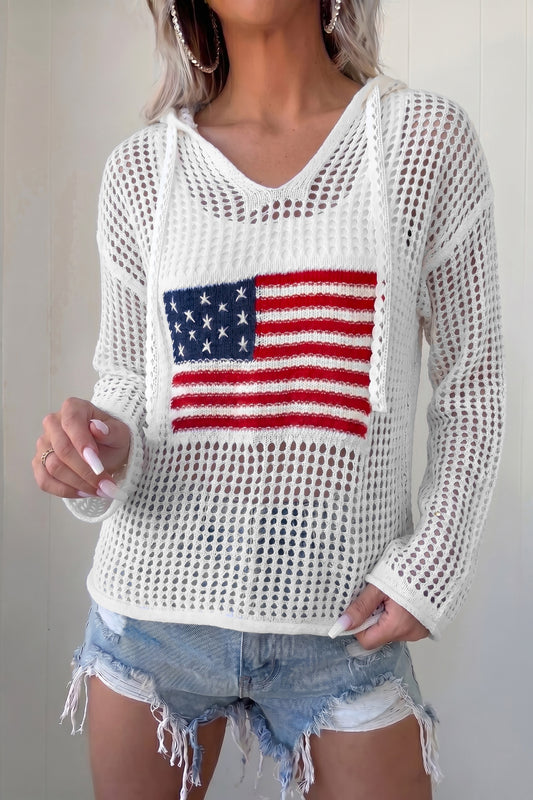 Pull Élégant en Crochet avec Drapeau Américain