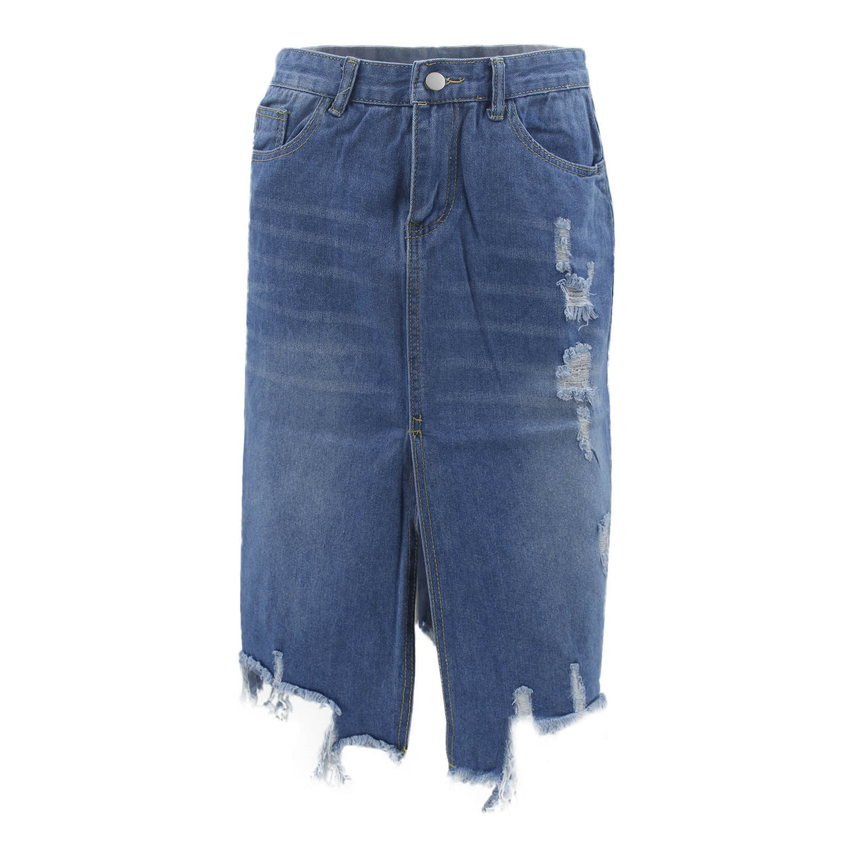 Jupe en jean bleue à taille boutonnée, délavage et ourlet effiloché