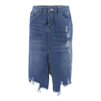Jupe en jean bleue à taille boutonnée, délavage et ourlet effiloché