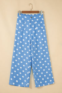 Pantalon Large à Pois Taille Mi-Haute Poches Plaquées – 4 Coloris