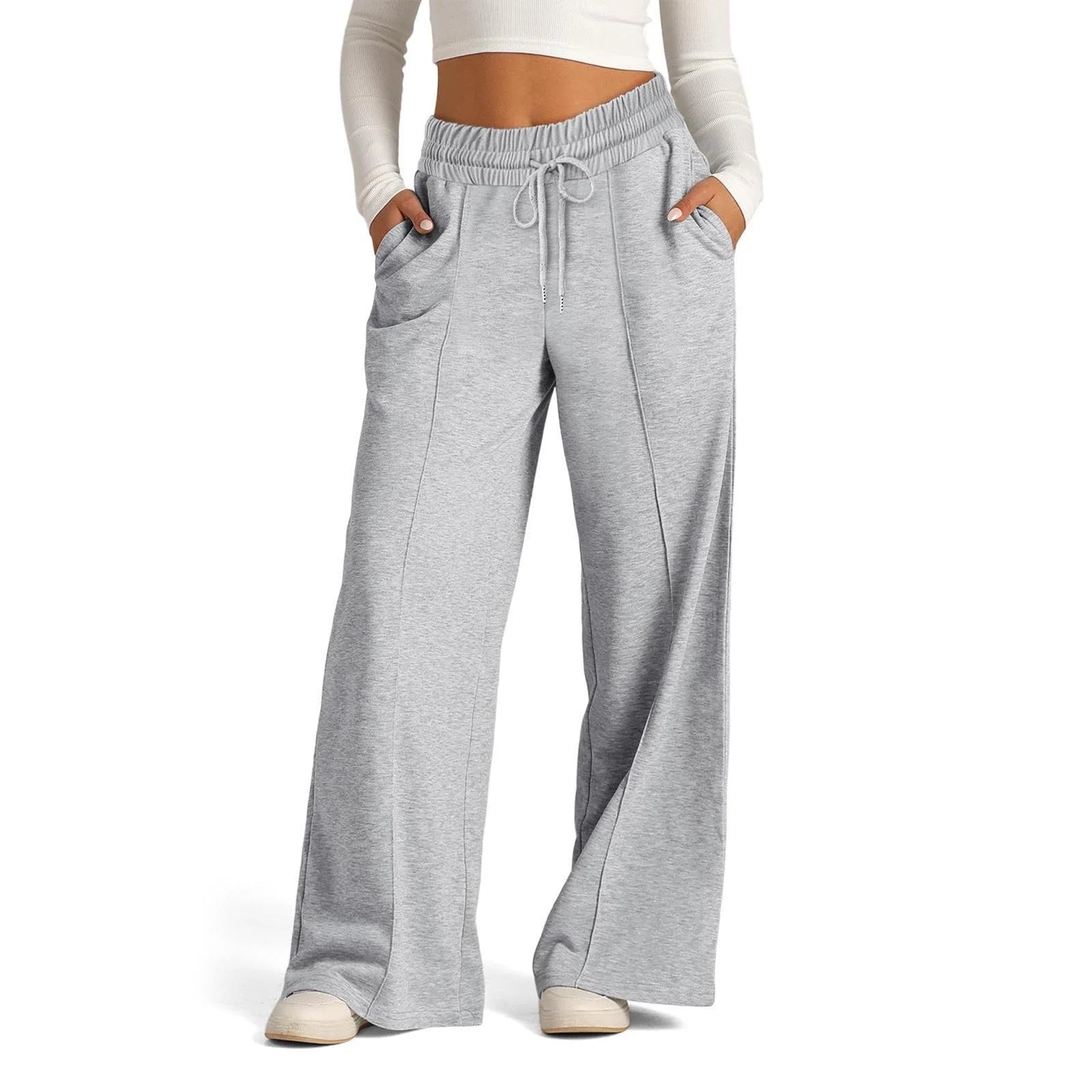 Pantalon Taille Haute Jambes Larges Confortable Automne-Hiver Gris claire S